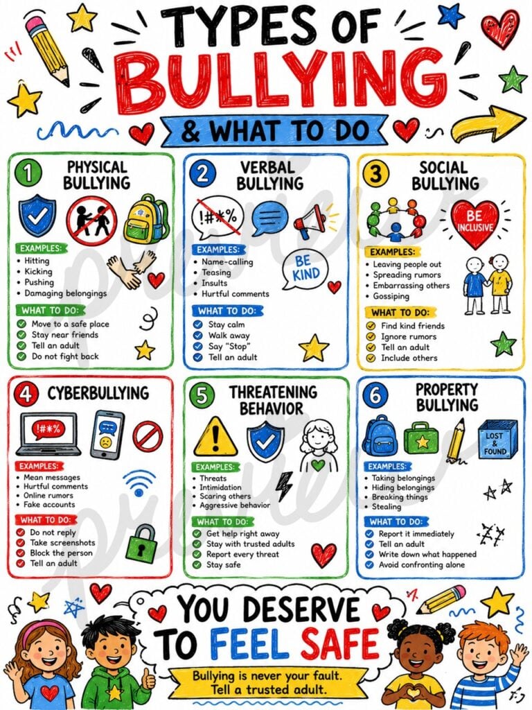 Types of Bullying Infographic: Cutest Posters to Help Kids Recognize and Deal with Unkind Behavior