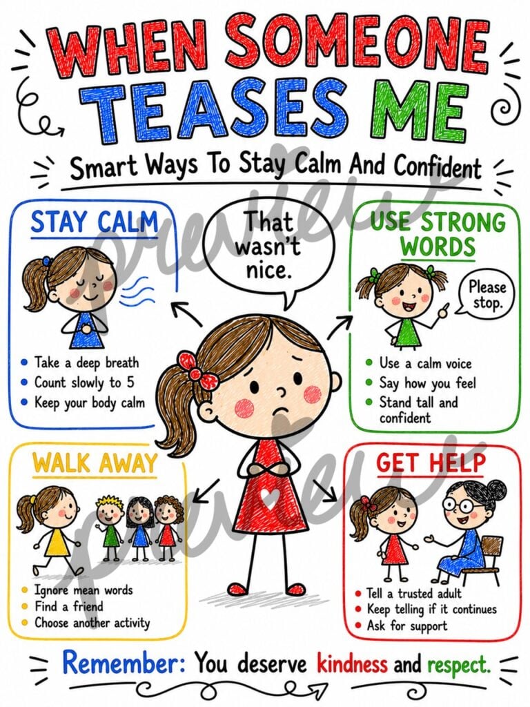 Social emotional learning poster showing ways to respond to teasing and bullying situations