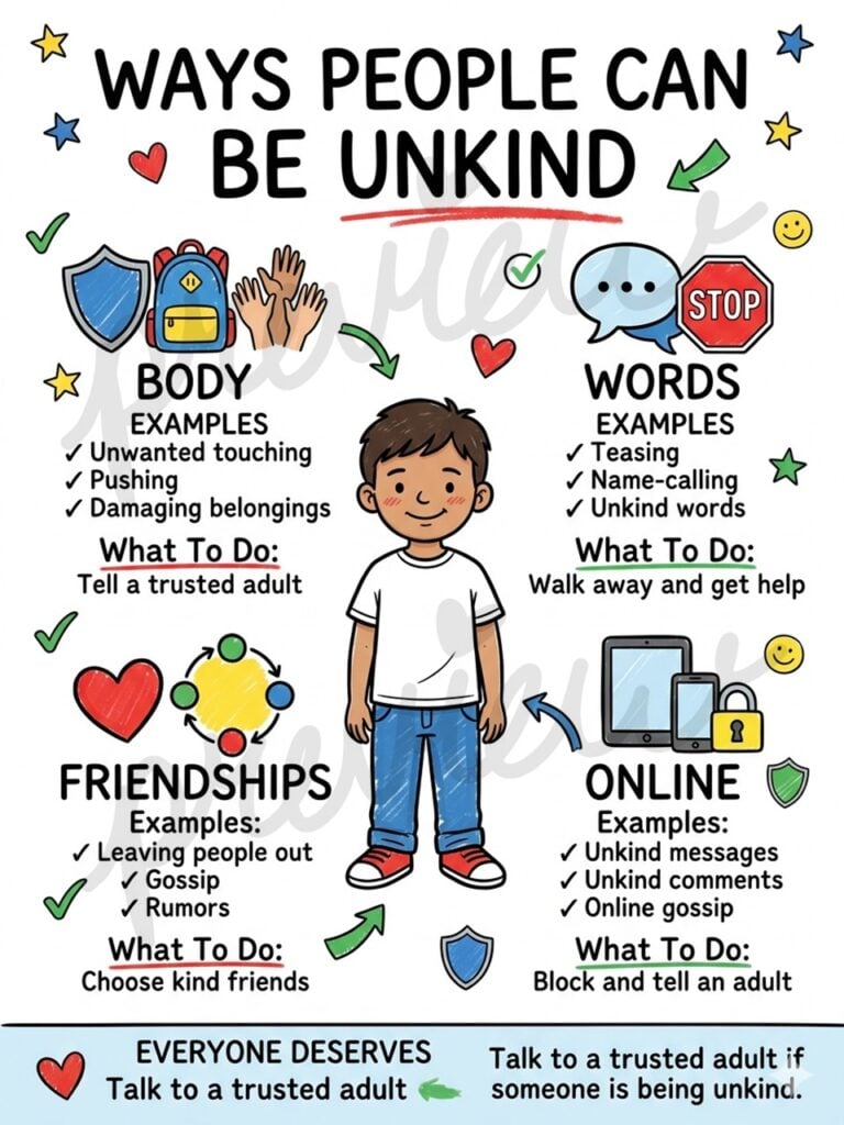 Anti-bullying poster printable showing common types of bullying and what children can do when someone is being unkind.