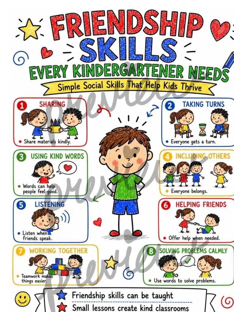 Kindergarten empathy activity encouraging children to recognize kind actions and build healthy friendships.