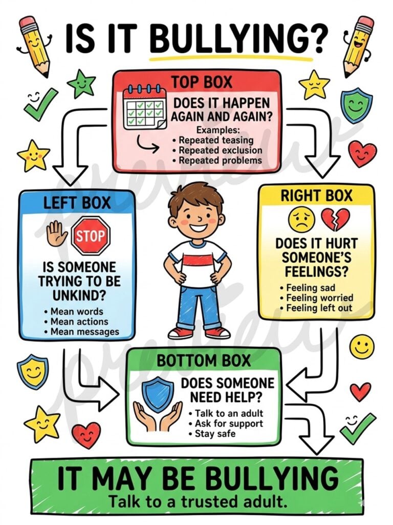 Elementary school bullying awareness infographic with child-friendly illustrations, social skills supports, and safety strategies.
