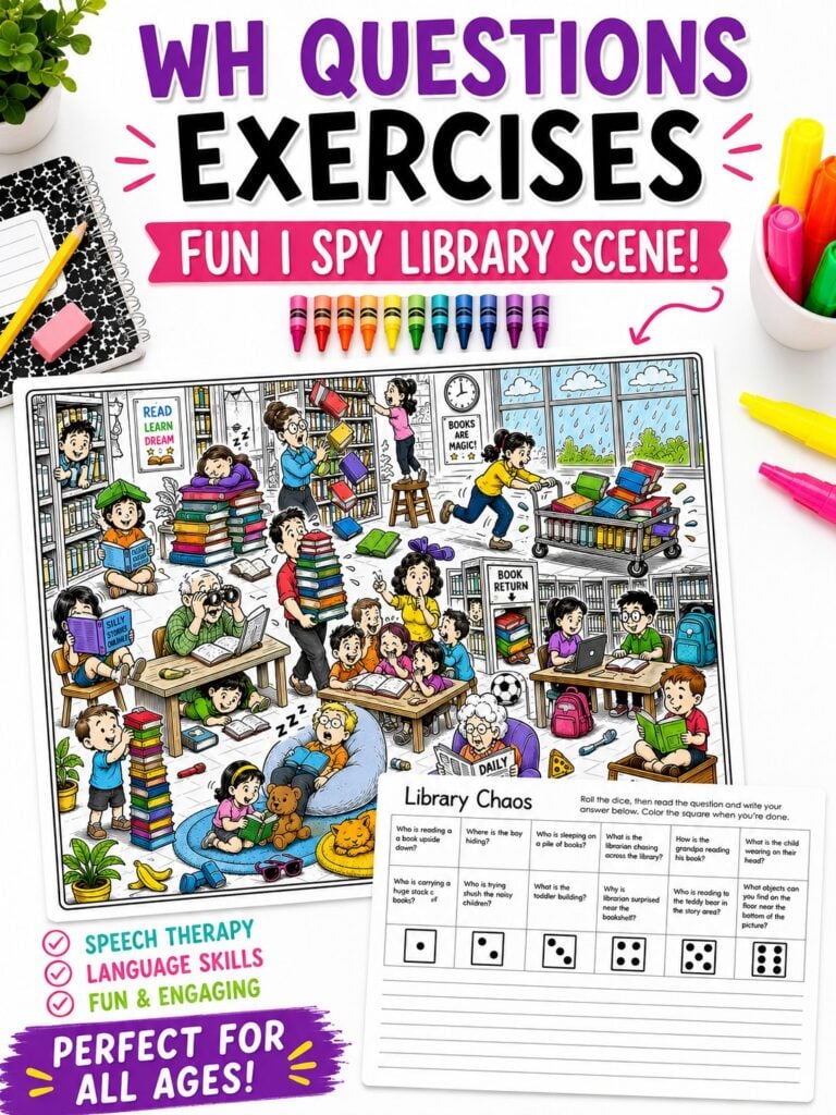 WH Questions Exercises Using Fun I Spy Picture Scenes [Free Library Scene Set]