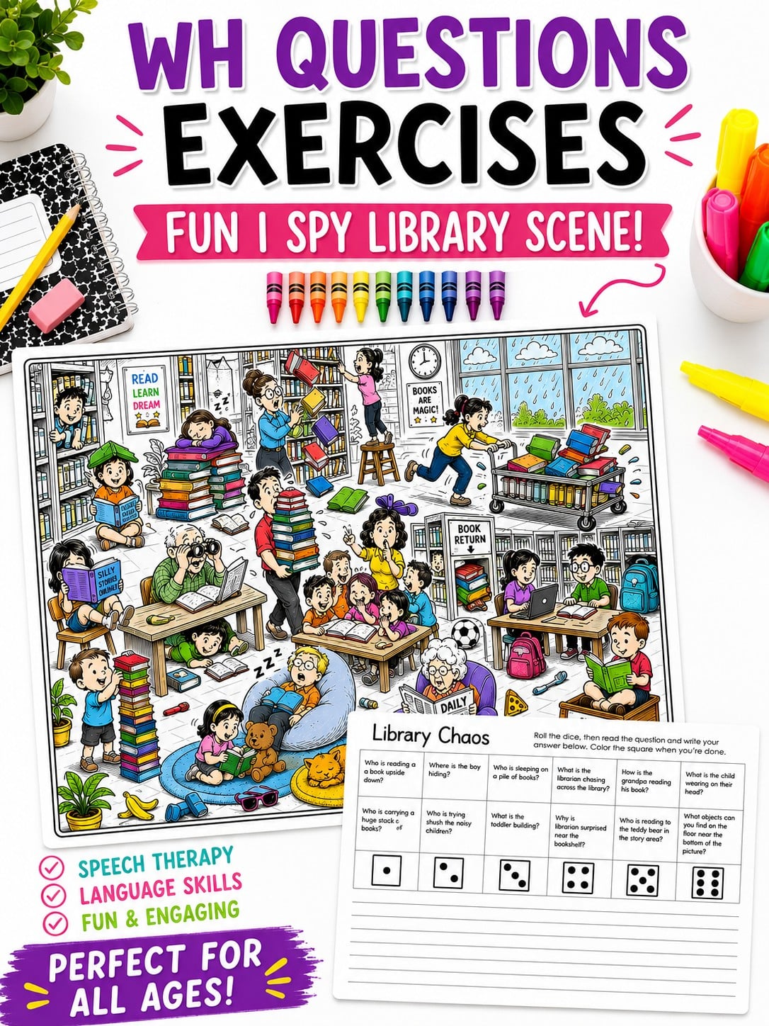 WH Questions Exercises Using Fun I Spy Picture Scenes [Free Library Scene Set]