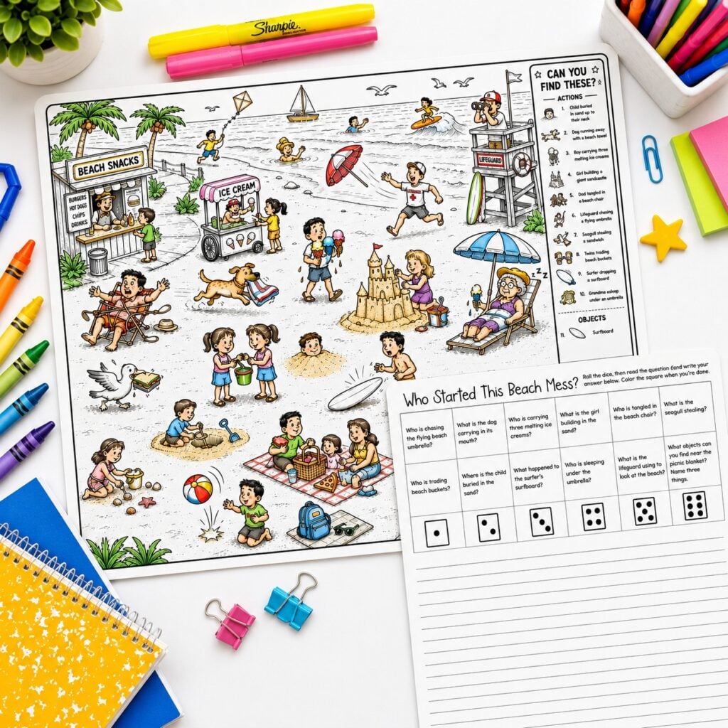 Beach themed WH questions game for kids featuring a hidden picture scene and printable language activity worksheet.