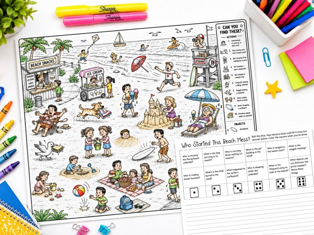 Free WH questions printable with a beach I Spy scene designed for speech therapy, ESL learners, and language development.