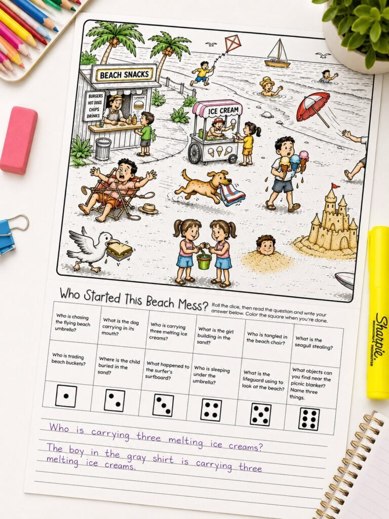Picture comprehension activity showing a beach scene with WH questions prompts for vocabulary and conversation practice.