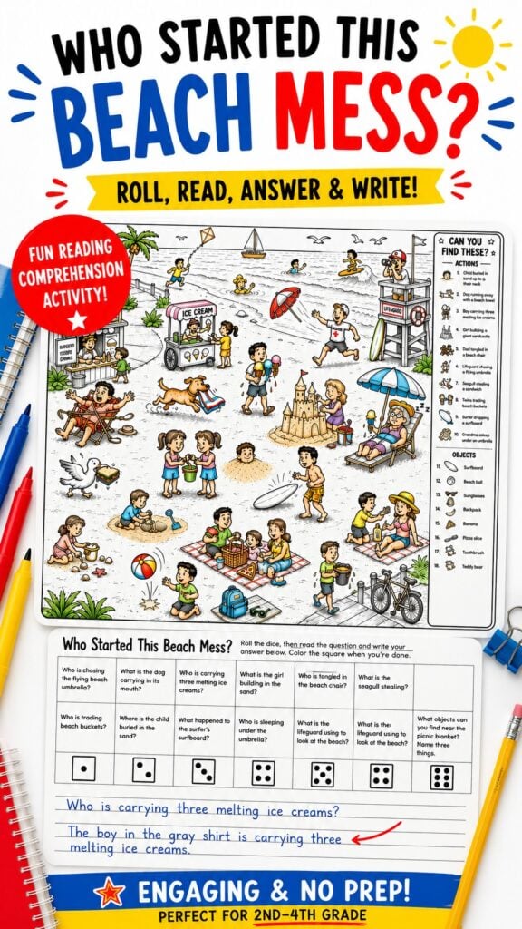 Speech therapy WH questions game using a fun beach search and find picture with discussion and writing activities.
