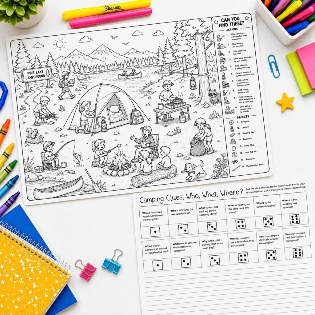 Camping WH Questions for Kids printable featuring a camping I Spy scene with who what where when why and how comprehension questions
