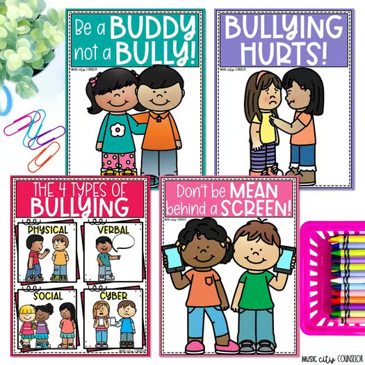 Anti bullying bulletin board ideas and kindness activities for elementary students and school counselors.