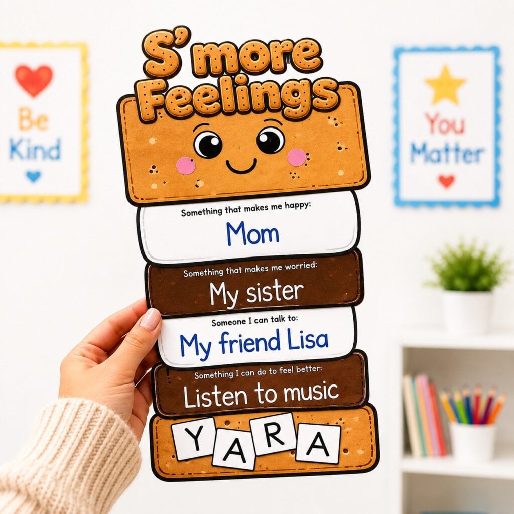 Social emotional learning craft printable helping children develop emotional regulation skills through a S'More Feelings activity.