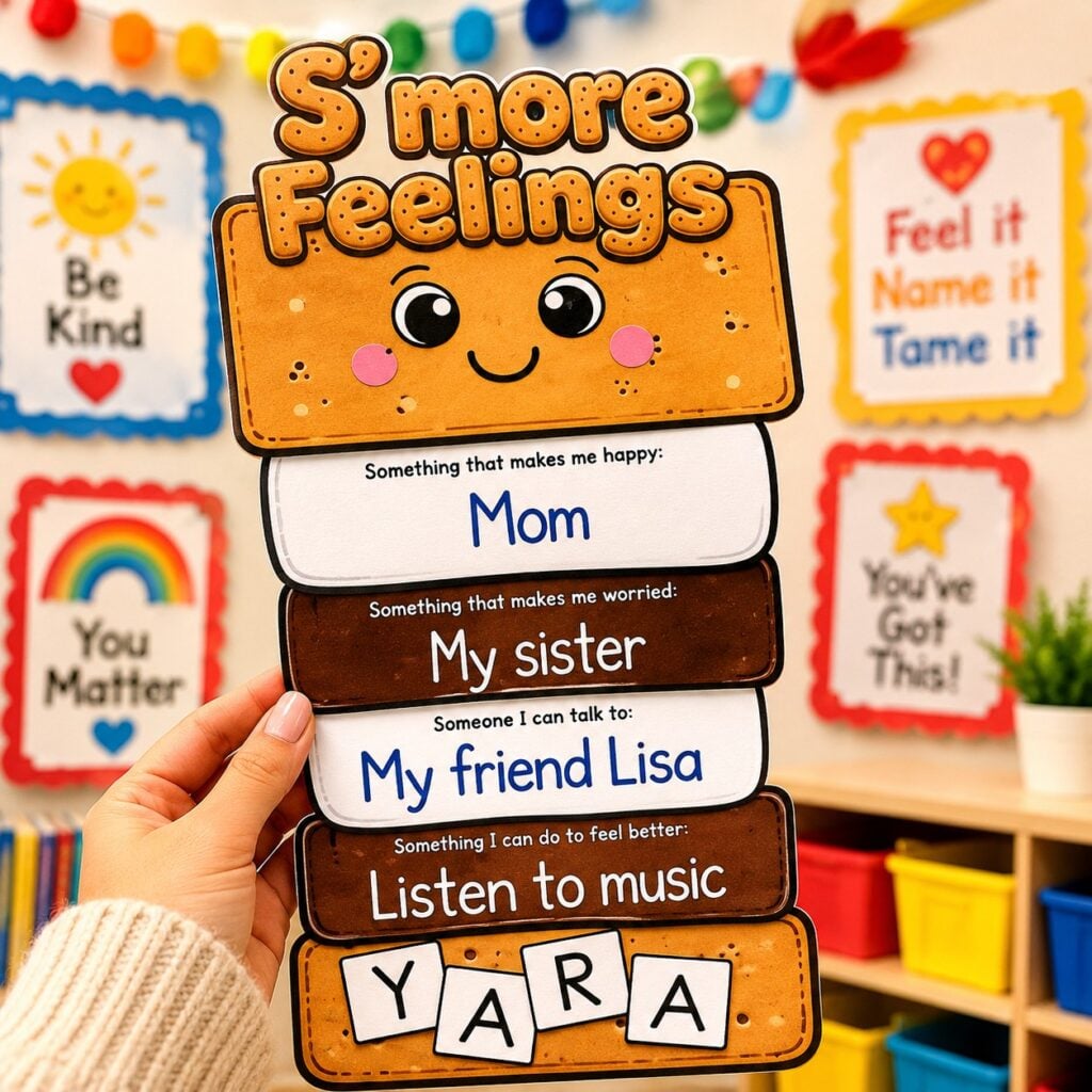 Self regulation craft for kids featuring a S'More Feelings SEL activity with editable student name pieces and coping skills prompts.