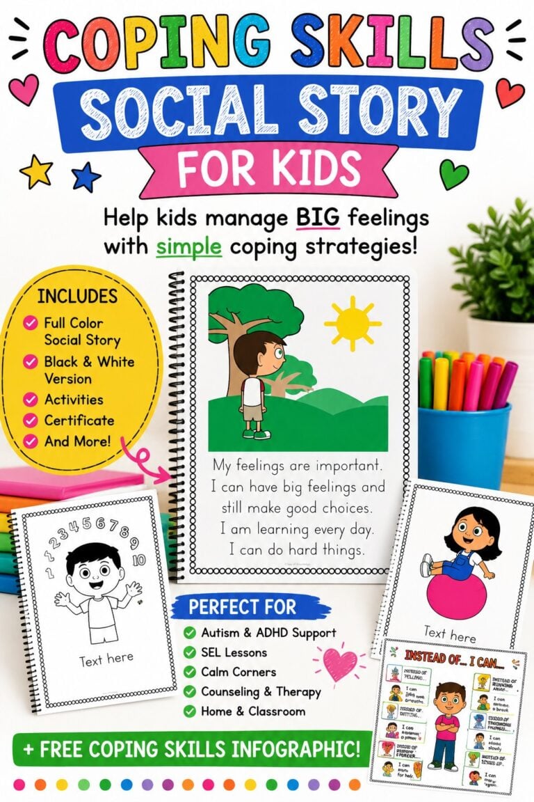 Does your child struggle with big feelings? This Coping Skills Social Story teaches calm-down strategies and includes a FREE printable infographic.