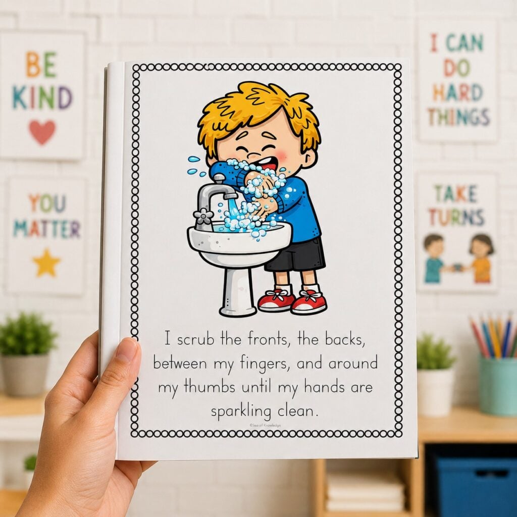 Printable hygiene social story booklet for preschool, kindergarten, autism, and special education teaching healthy habits.