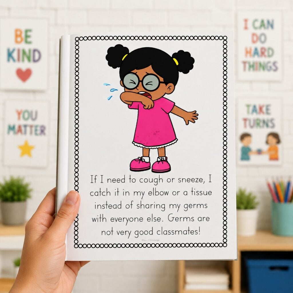 Hygiene social story printable for kids teaching hand washing, brushing teeth, covering coughs, and healthy hygiene routines at school.