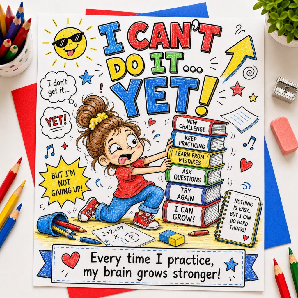 Printable Power of Yet coloring activity helping children build confidence, resilience, and perseverance through a growth mindset.