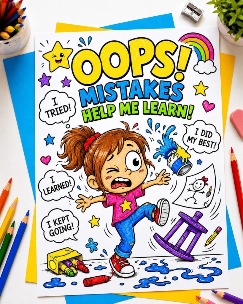 Free Power of Yet coloring pages featuring growth mindset printables for kids with funny comic-style illustrations.