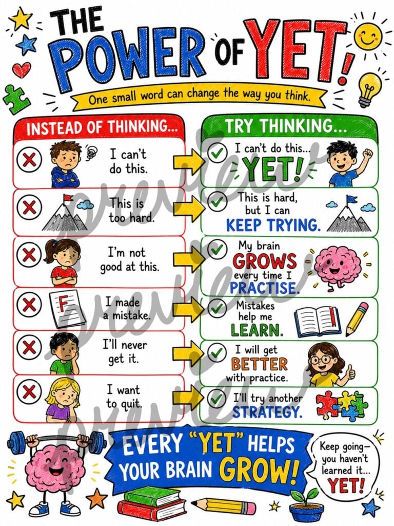Printable fixed vs growth mindset anchor chart for elementary classroom social emotional learning.