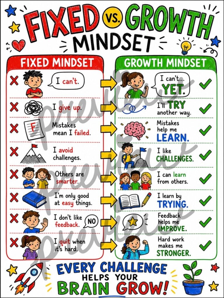 Growth mindset infographic comparing fixed mindset vs growth mindset with child-friendly examples.