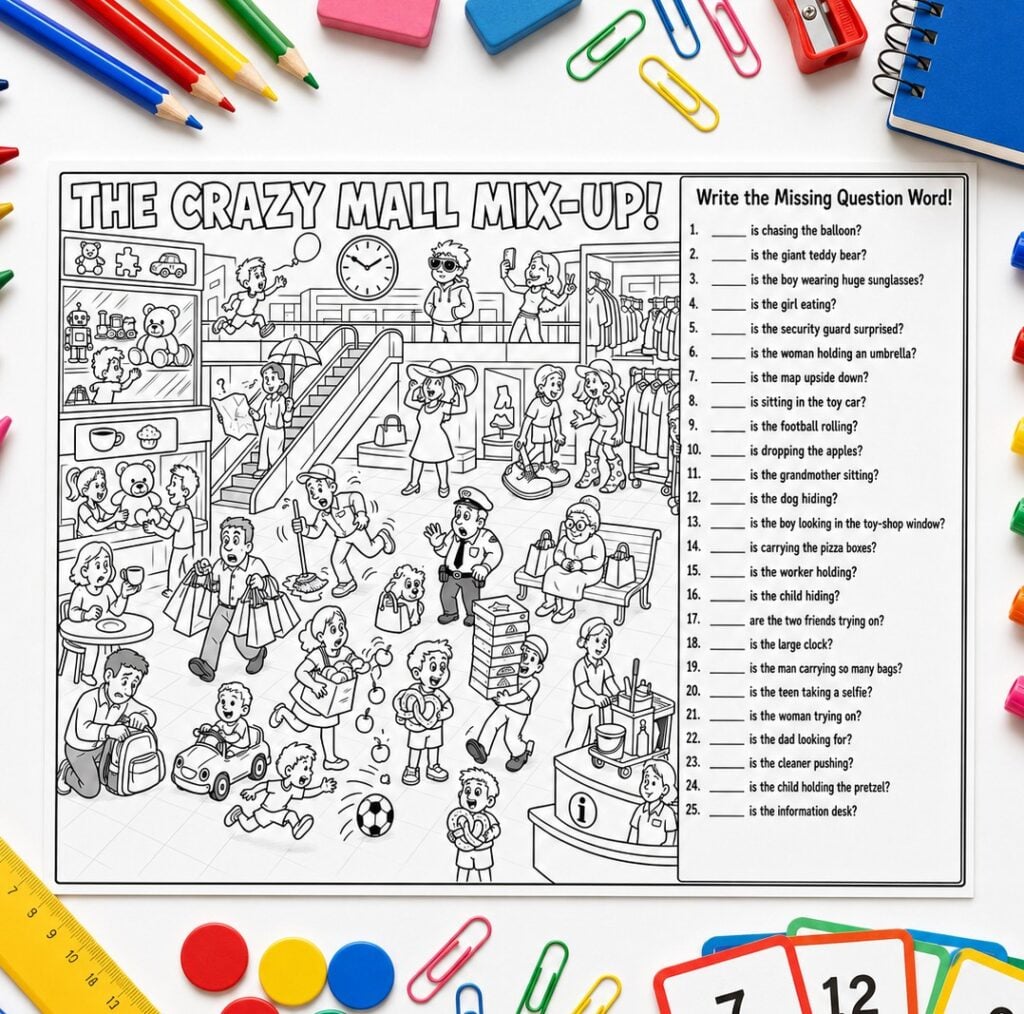 Stop boring WH-question practice with these funny hidden-picture question words worksheets. Students search, think, and answer who, what, where, when, why, which, and how questions.