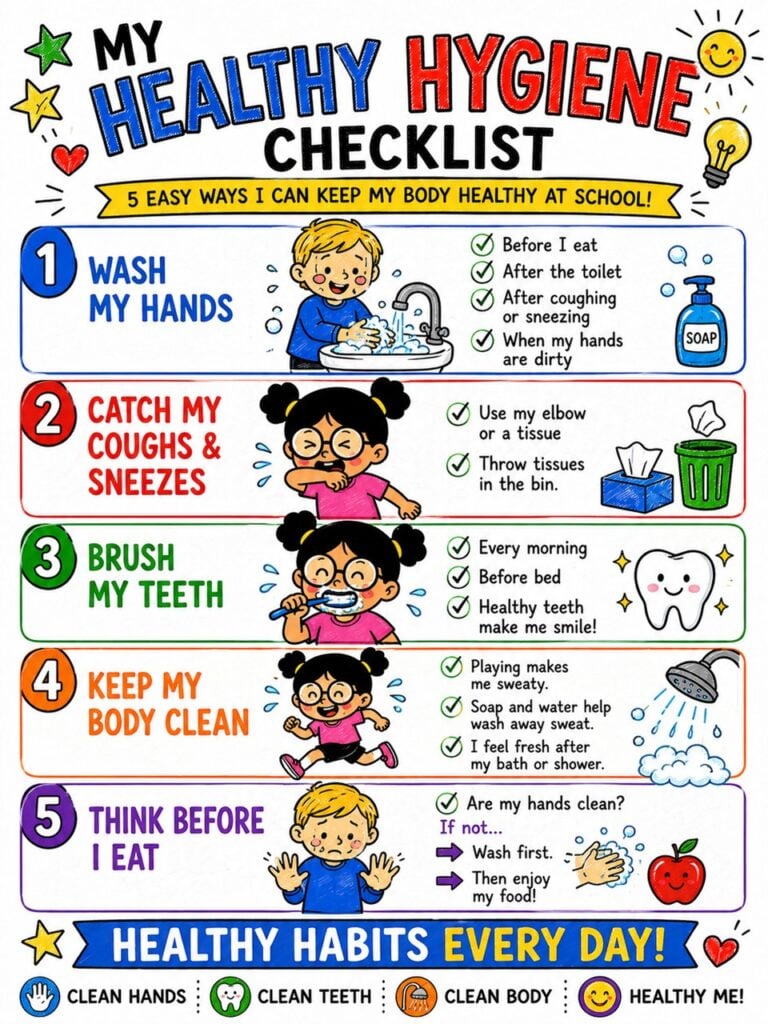 Girl showing dirty hands before learning why washing hands helps stop germs from spreading.