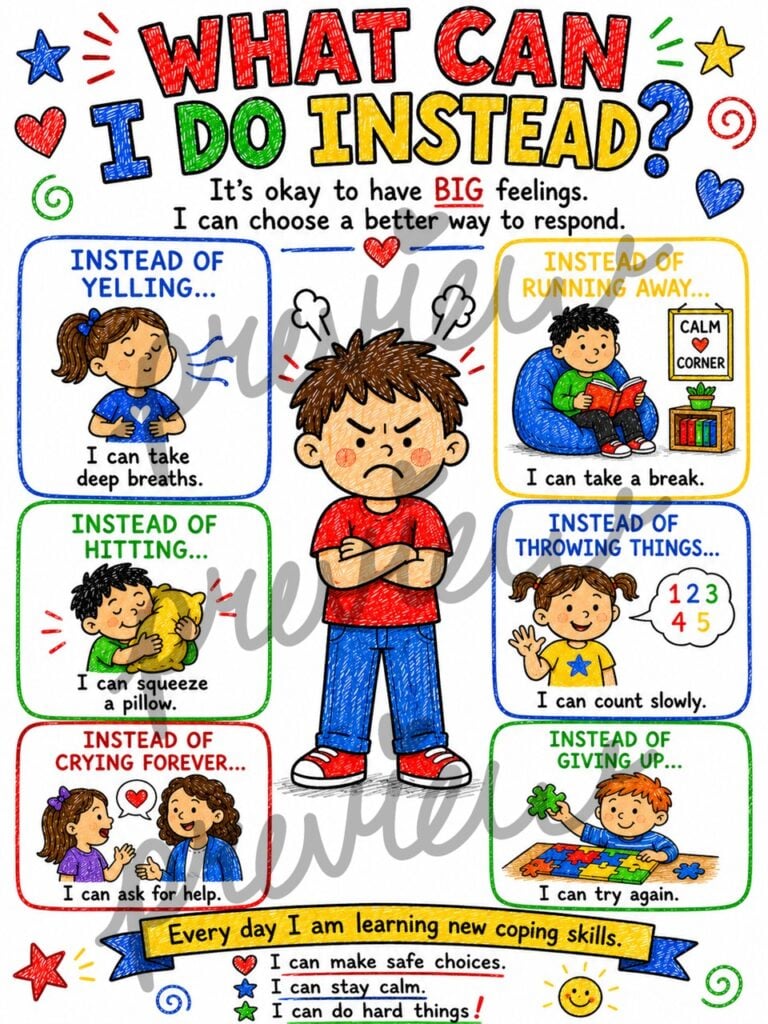 Child-friendly coping skills printable with calming strategies, reflection pages, and emotional regulation activities.