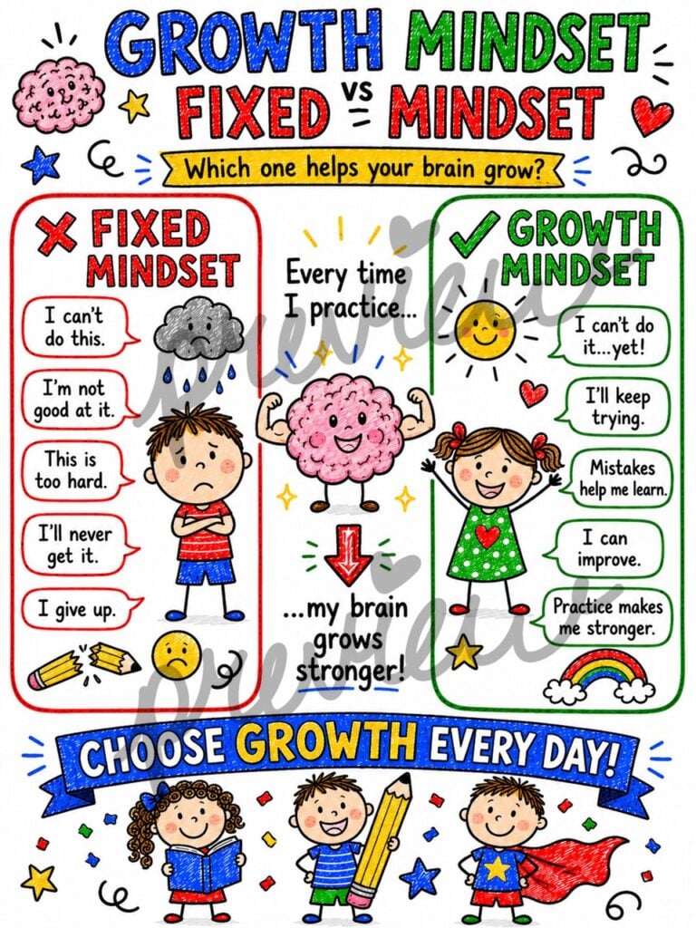 Growth mindset quotes for kids PDF with printable inspirational and funny quote cards for the classroom.