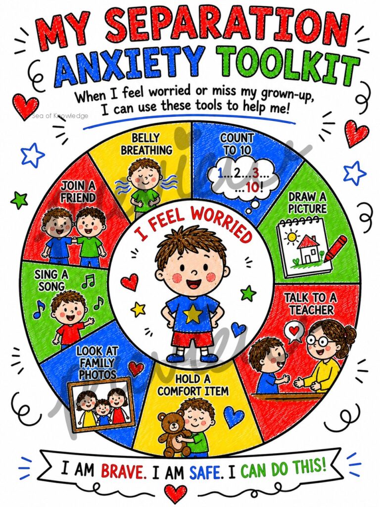 Free printable separation anxiety poster for kids with feelings chart, calming strategies, and positive affirmations.