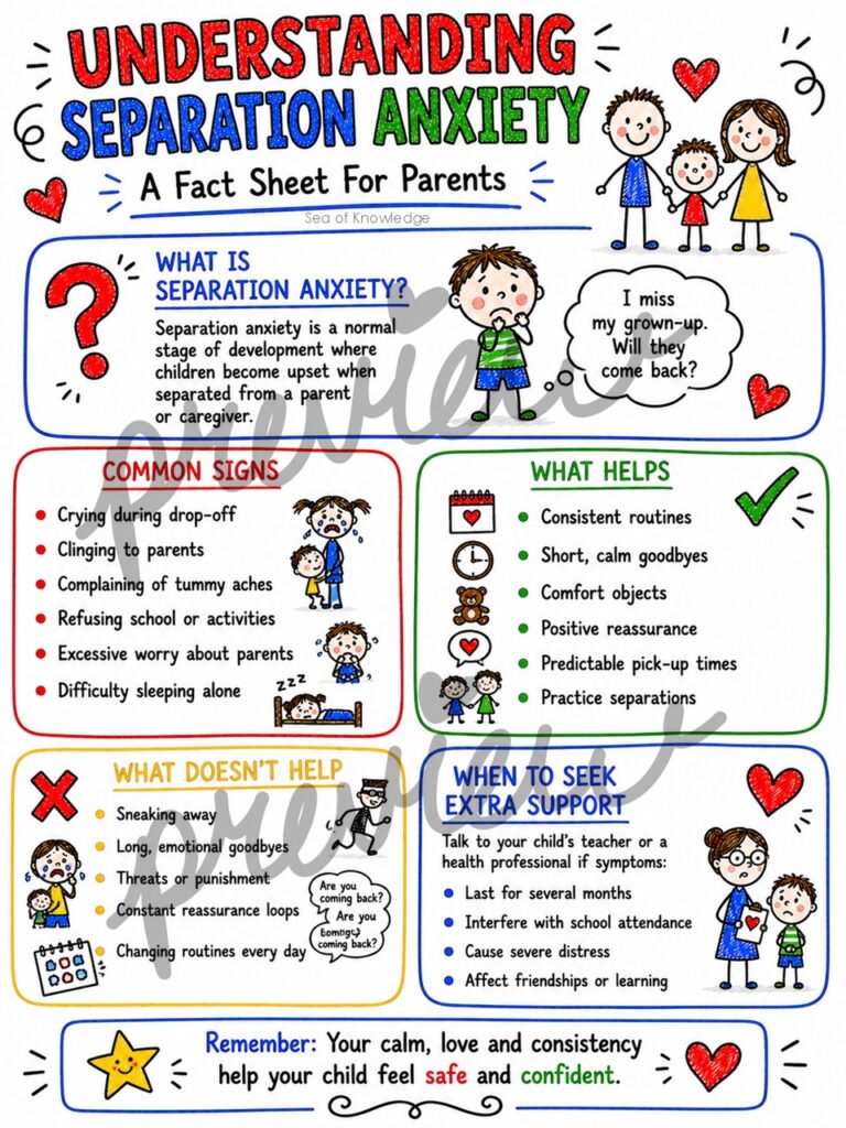 Separation anxiety fact sheet for parents explaining symptoms, causes, support strategies, and when to seek extra help.