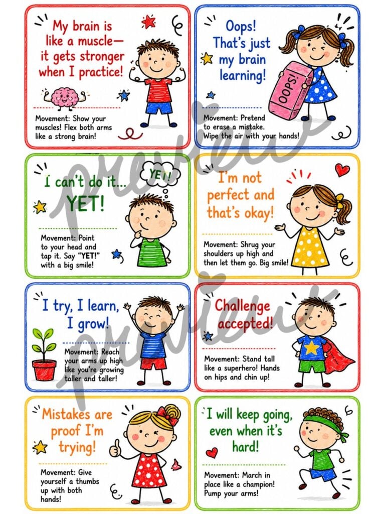 Colorful growth mindset infographic showing 10 reminders every child should know about learning and perseverance.
