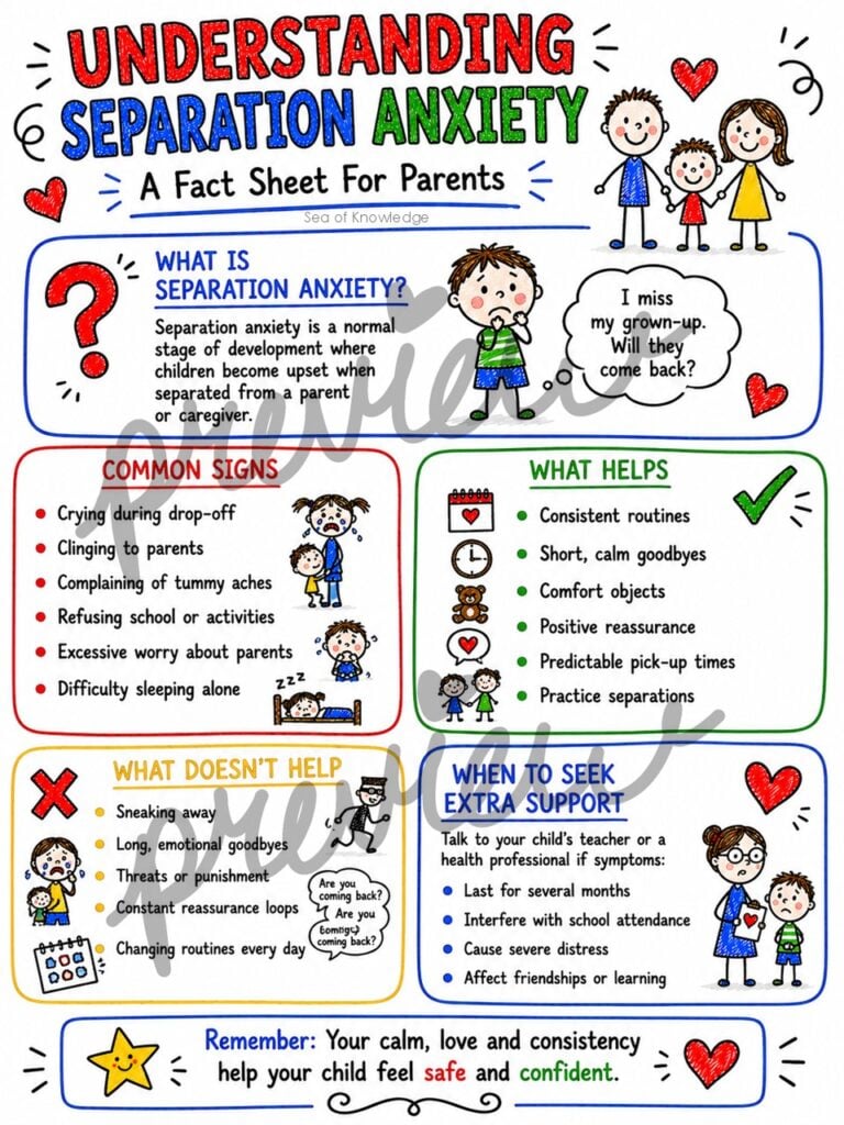 Printable separation anxiety wheel for children with visual coping skills and emotional regulation activities.