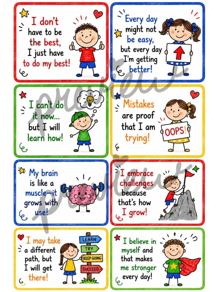 Funny growth mindset quote cards for kids featuring positive affirmations and classroom movement activities.