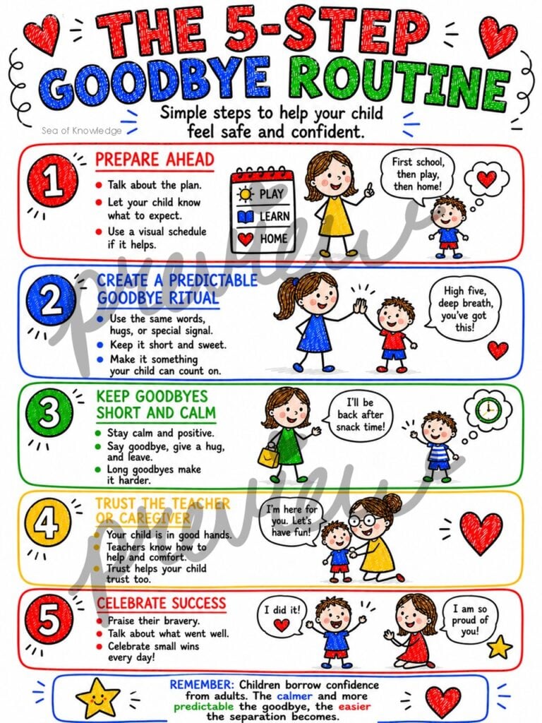 Five-step goodbye routine poster helping parents create calm, predictable school and daycare transitions.