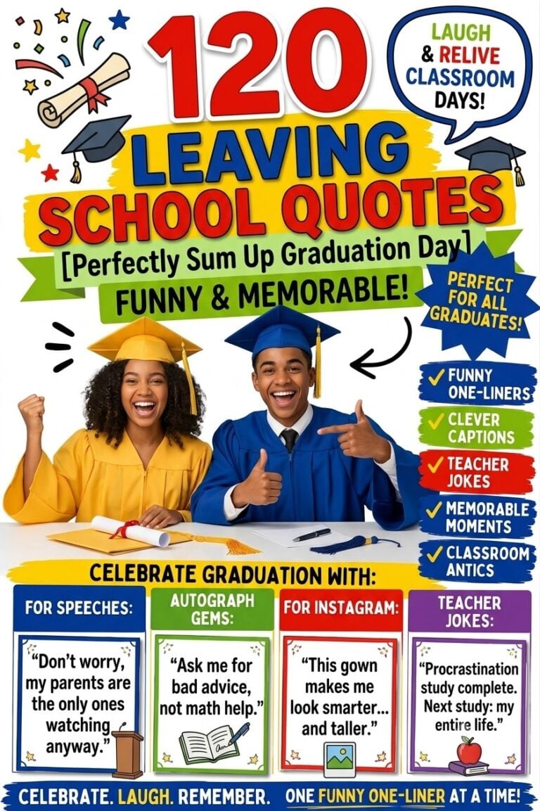 Looking for the funniest leaving school quotes? Discover 120 hilarious graduation quotes, school leavers quotes, and witty one-liners perfect for graduation cards, speeches, yearbooks, and Instagram captions.