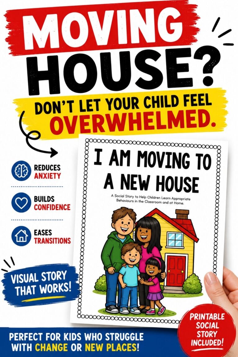 Moving house can leave kids feeling scared, anxious, and overwhelmed. This moving house social story helps children cope with change, reduce anxiety, and adjust to a new home with confidence.