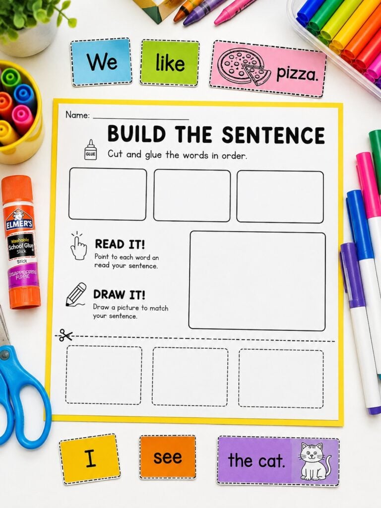 Try these beginner sentence worksheets with core words and simple sentence starters. Students cut, build, read and draw each sentence.