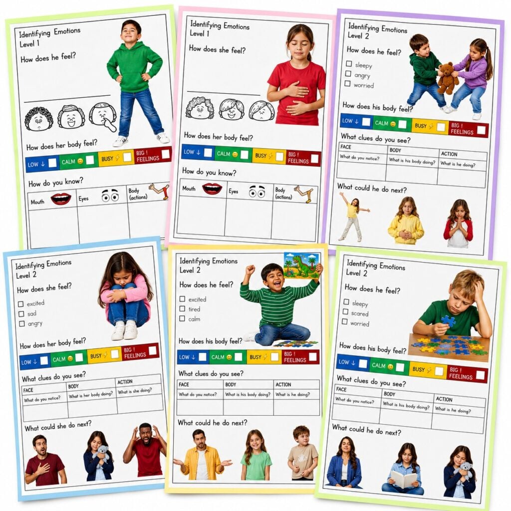 Emotions picture cards with real-life photos for identifying feelings and body clues