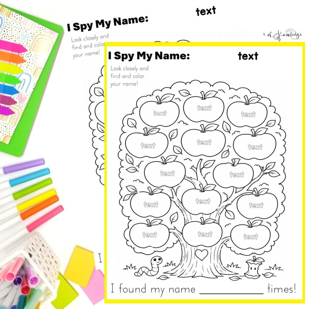 Apple tree name search activity for kindergarten literacy centers and morning work
