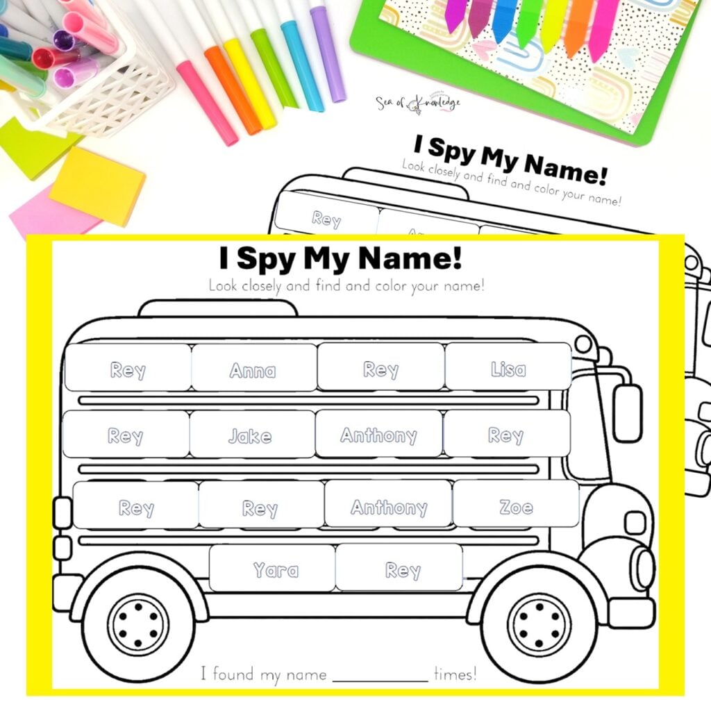 Editable name find it worksheet where kids search and color their name on a school bus