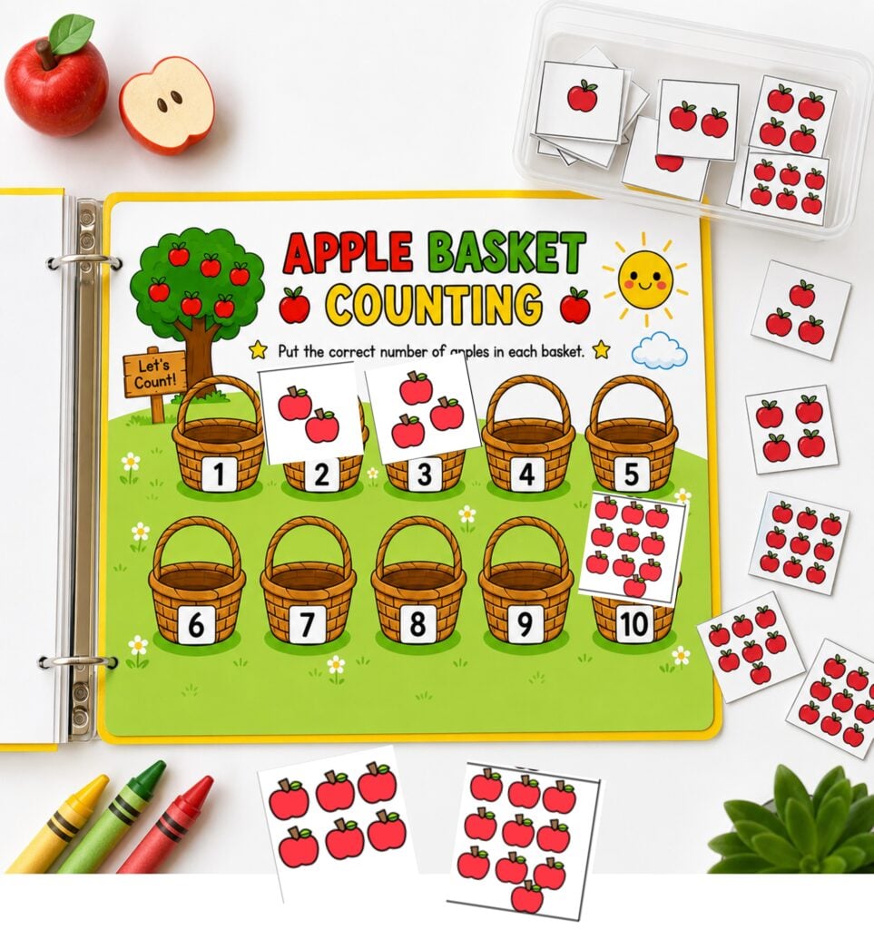 apple Basket Counting printable busy book activity for number recognition