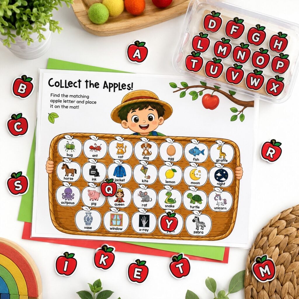 Beginning Sounds with Apples alphabet matching activity for preschoolers