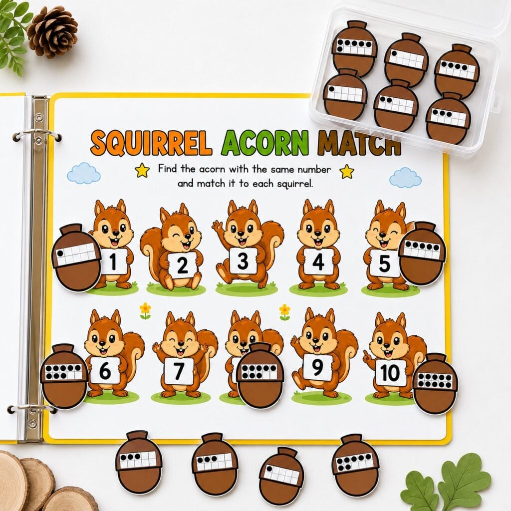 Squirrel and Acorn Ten Frames counting activity for toddlers and preschoolers