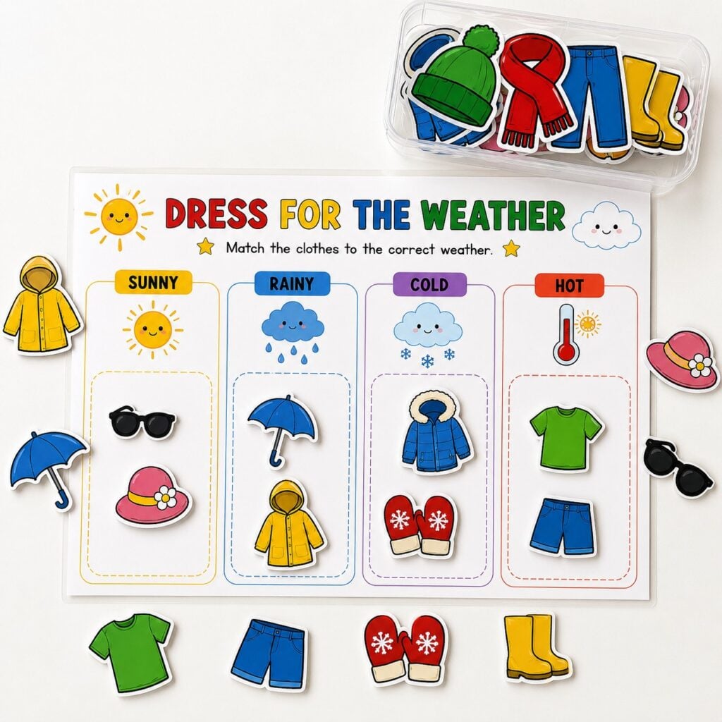 Dress for the Weather toddler busy book matching activity with clothing pieces