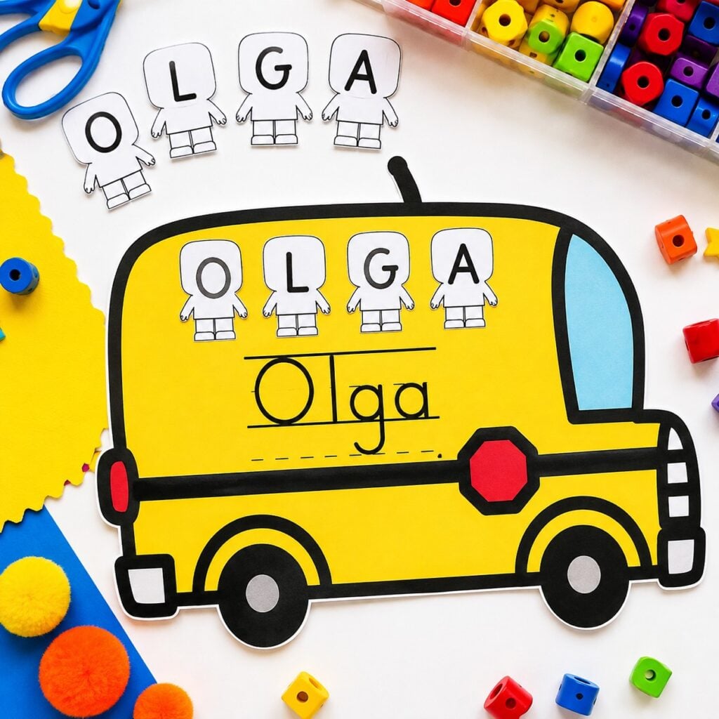 Easy bus name craft for kids printable with editable letter pieces and name tracing activity