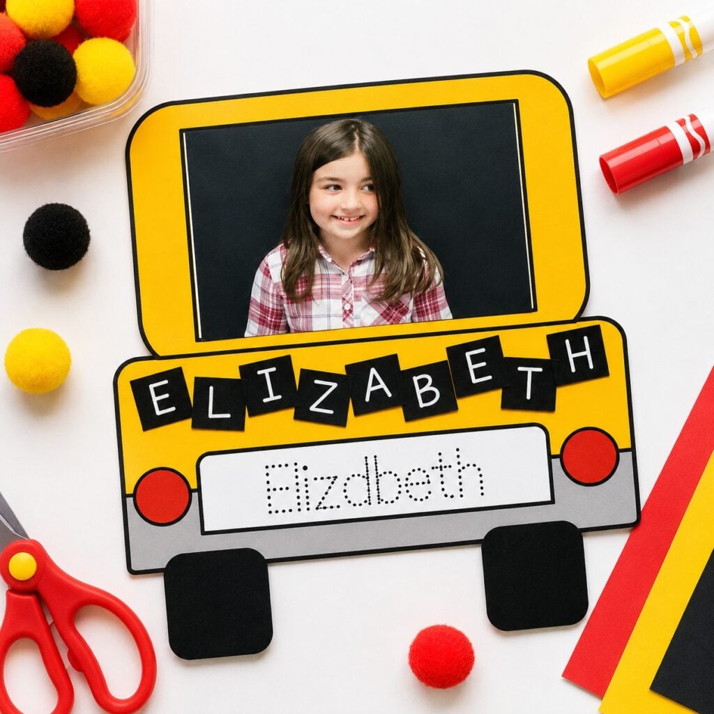 Easy bus craft with photo and editable name letters for a personalized back-to-school activity