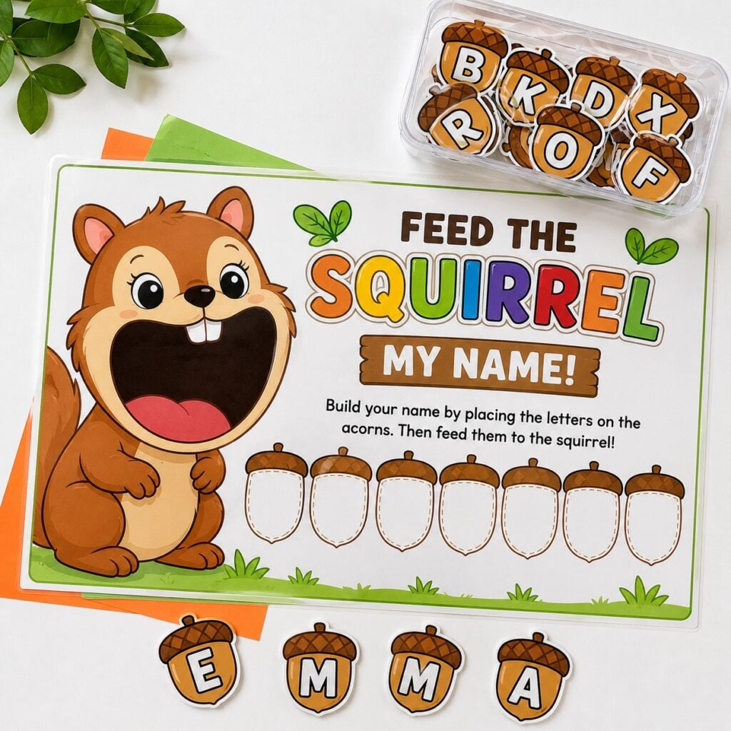 letters in My Name squirrel and acorn name recognition printable for toddlers