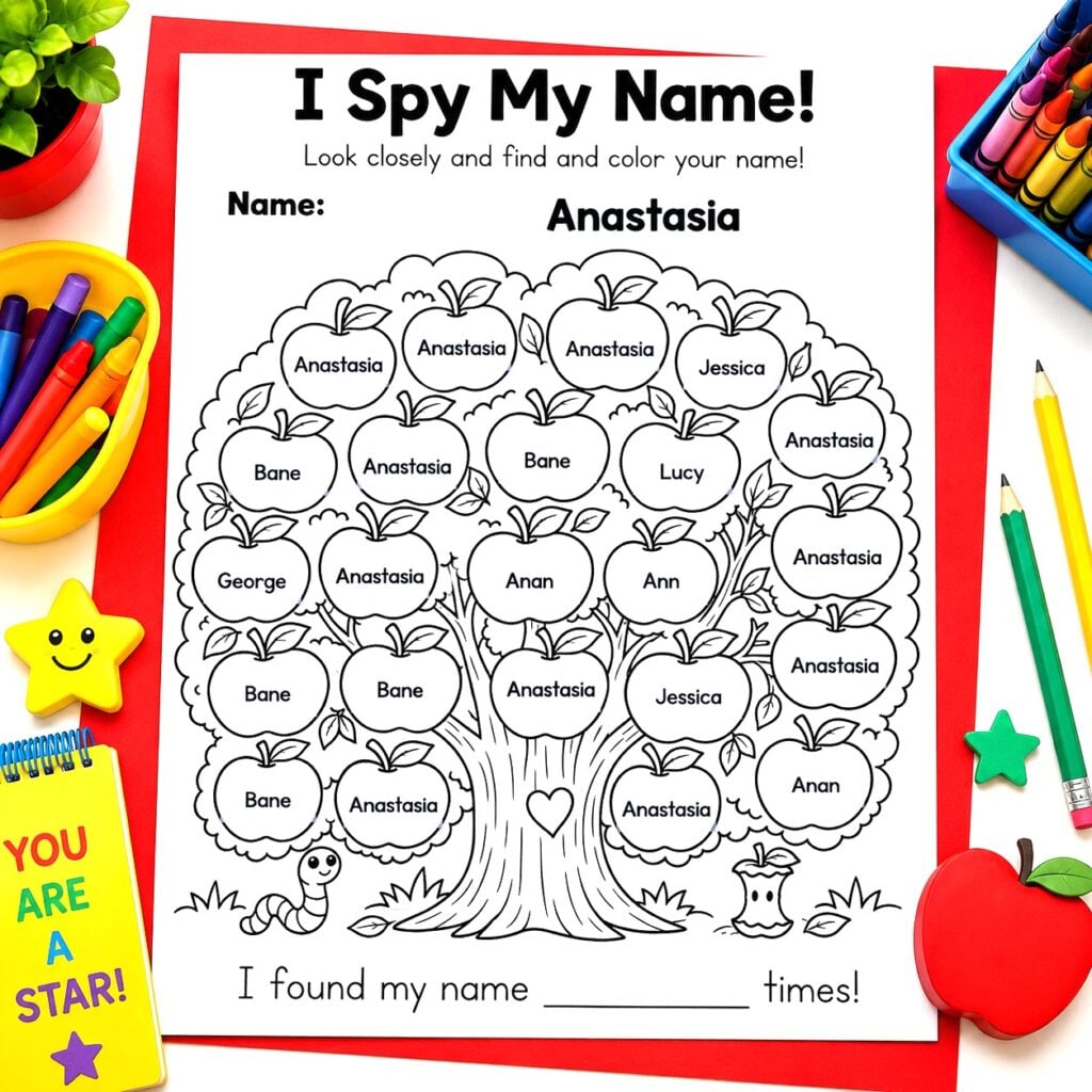 Editable find your name activity with apple tree for preschool and kindergarten