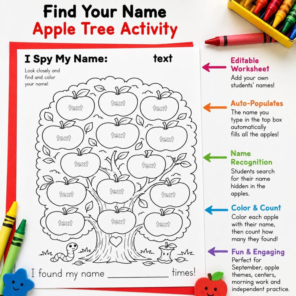 I Spy My Name editable apple worksheet for preschool name recognition