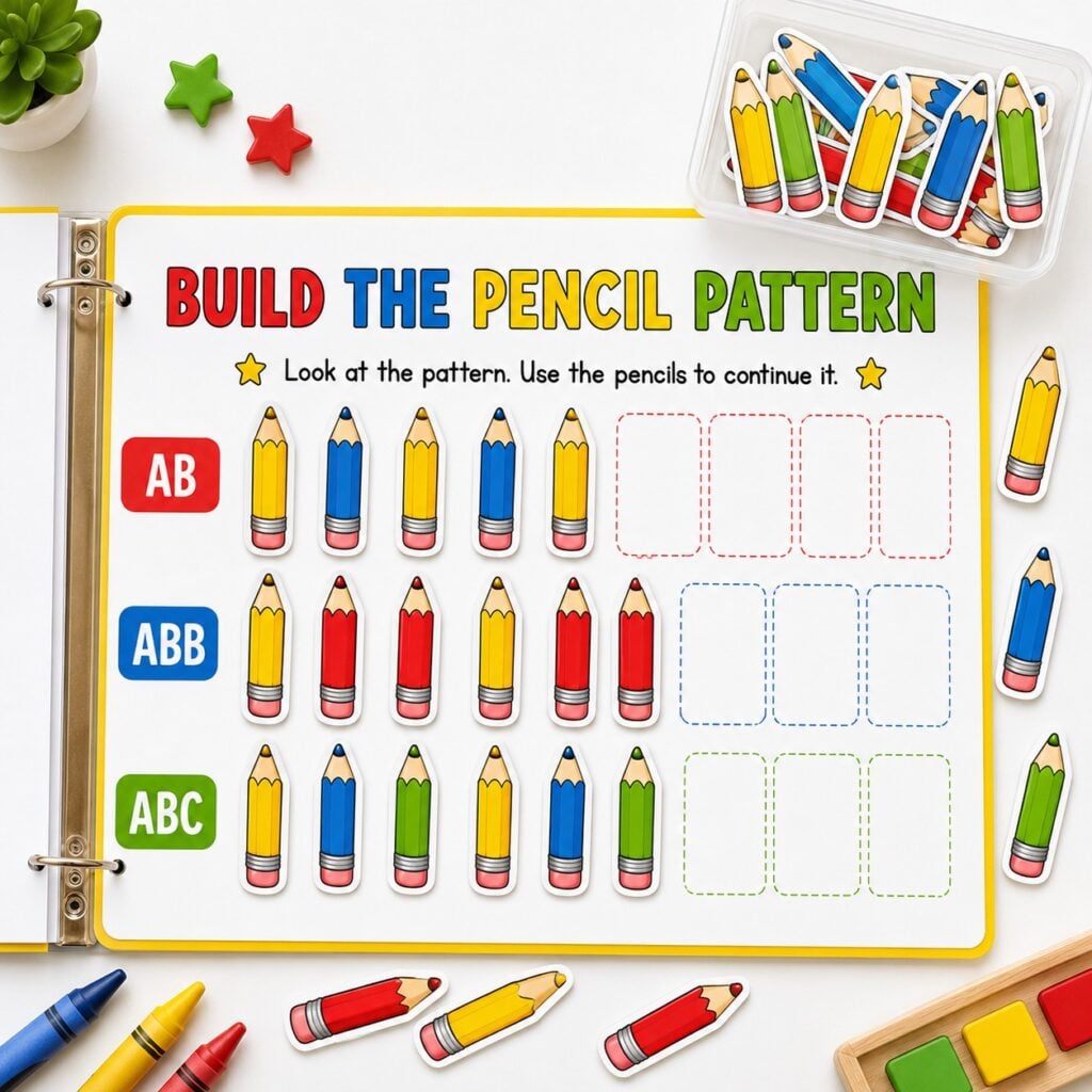 Build the Pencil Pattern toddler printable pattern matching learning mat