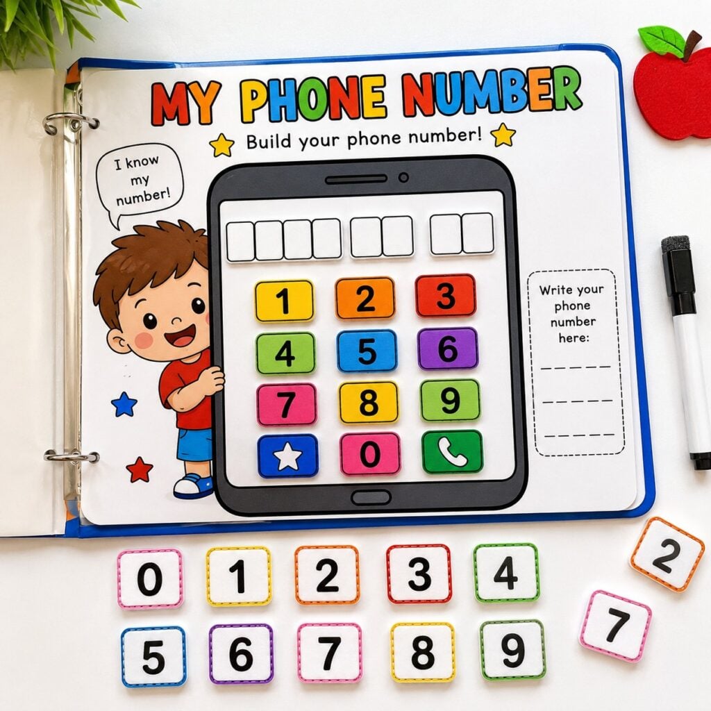 Phone Number Match printable personal information activity for preschool children