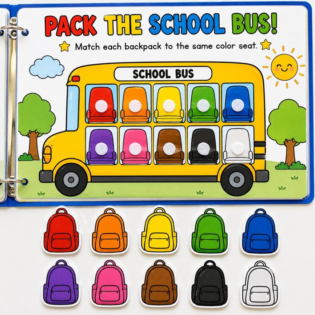 Pack the School Bus colour matching activity for toddlers